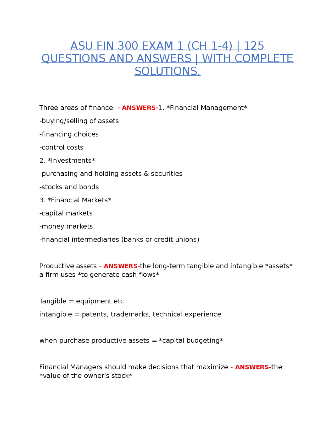 ASU FIN 300 – EXAM 1 (CH 1-4) | 125 QUESTIONS & ANSWERS WITH COMPLETE ...