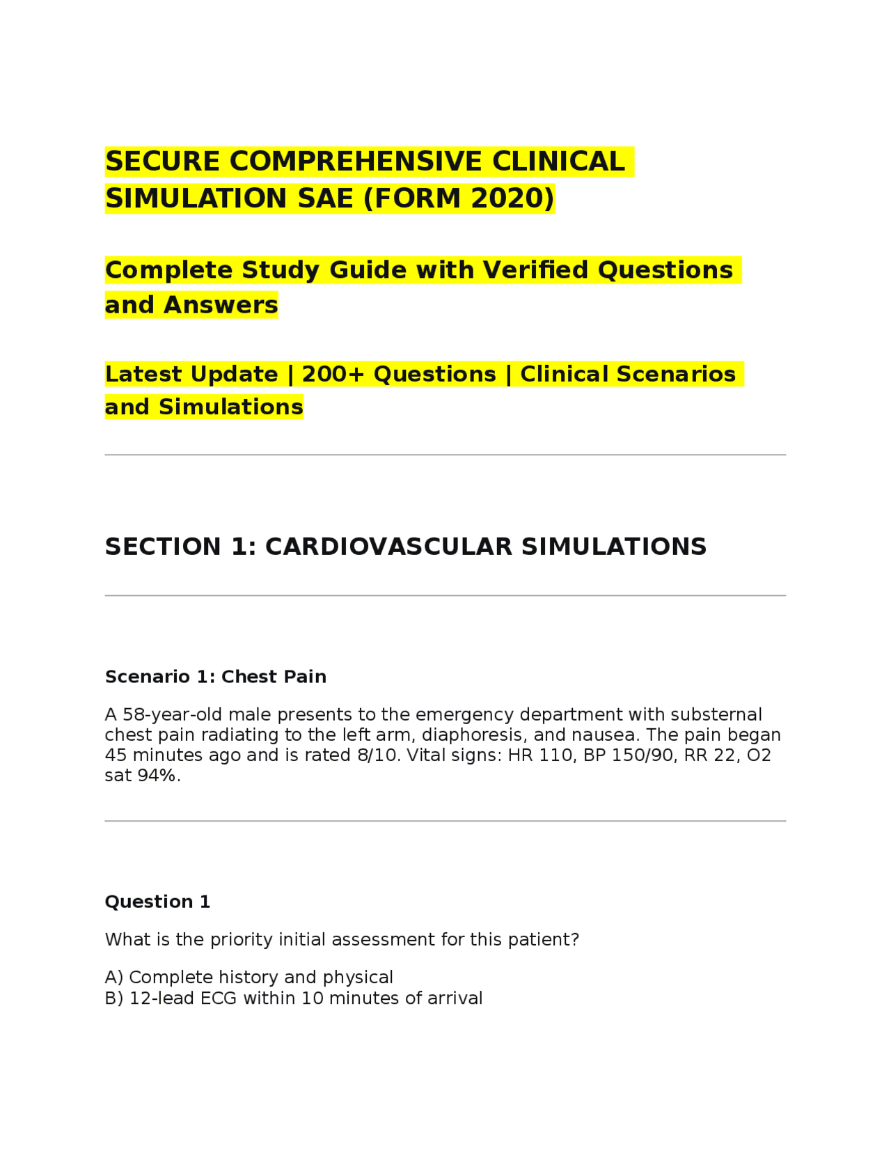 SECURE COMPREHENSIVE CLINICAL SIMULATION SAE (FORM 2020) Complete Study ...