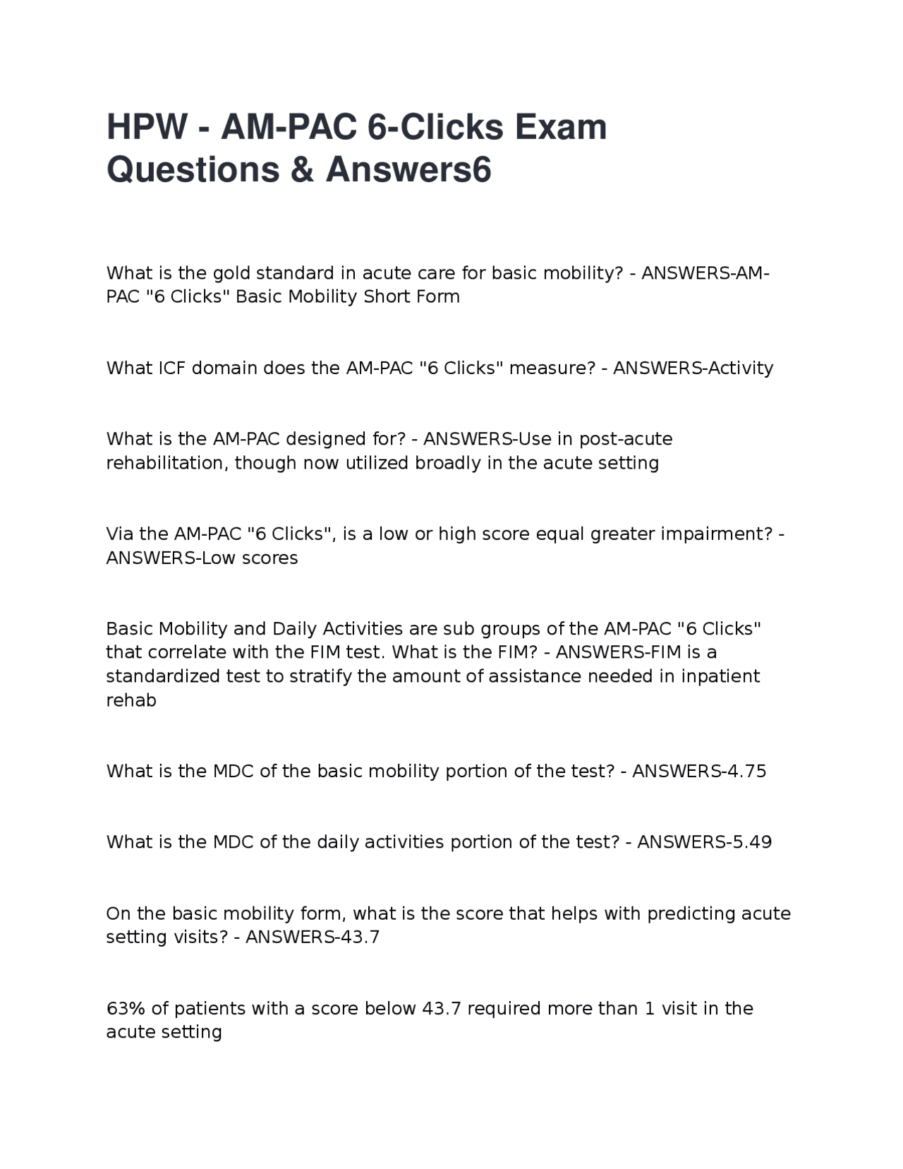 Am 6 Click HPW - AM-PAC 6-Clicks Exam Questions & Answers | Exams Advanced ...