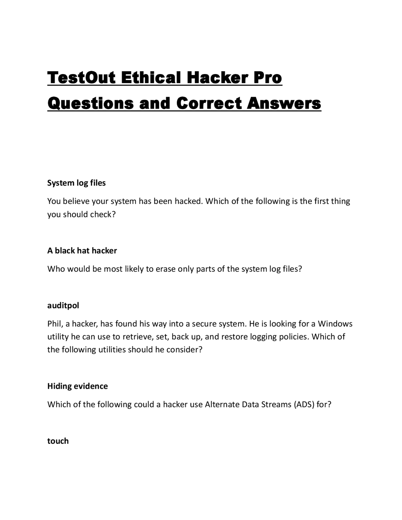 TestOut Ethical Hacker Pro Questions and Correct Answers | Exams ...