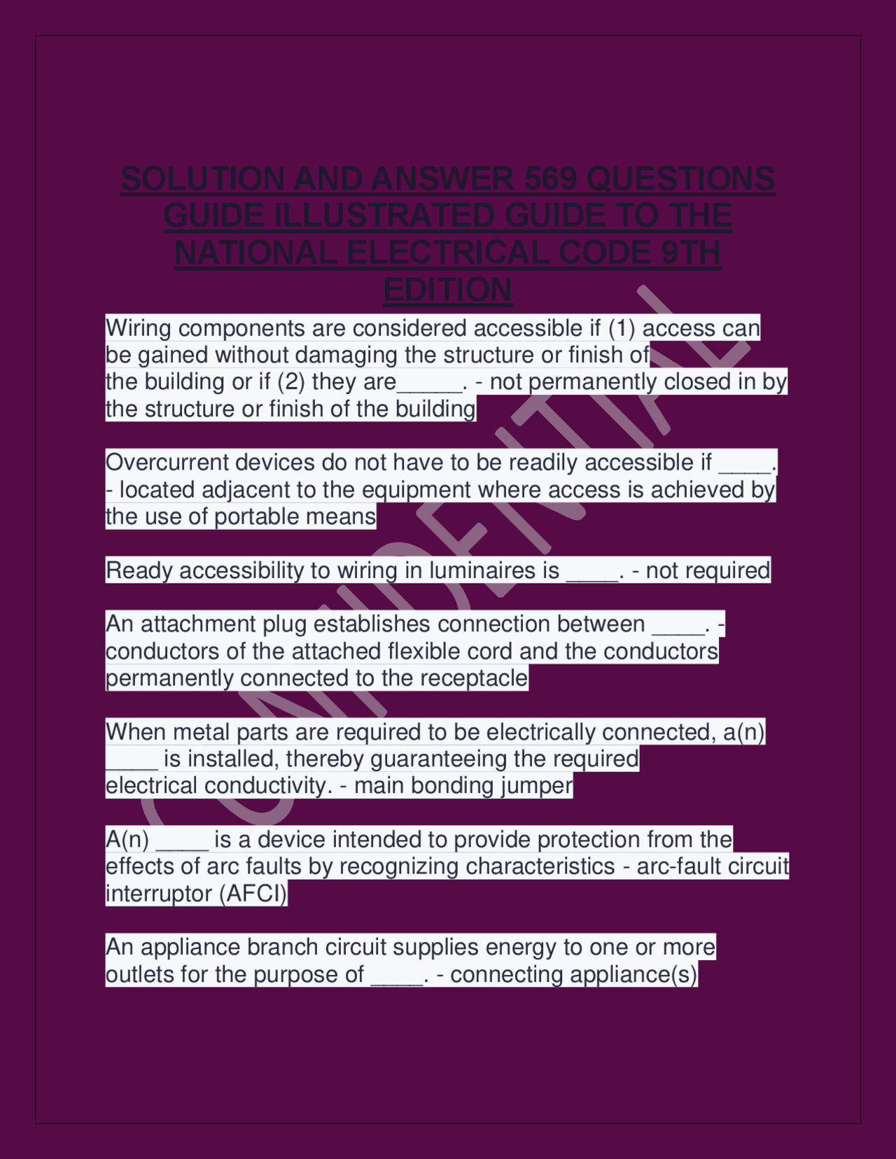 Nec Code Questions SOLUTION AND ANSWER 569 QUESTIONS GUIDE ILLUSTRATED GUIDE TO THE ...