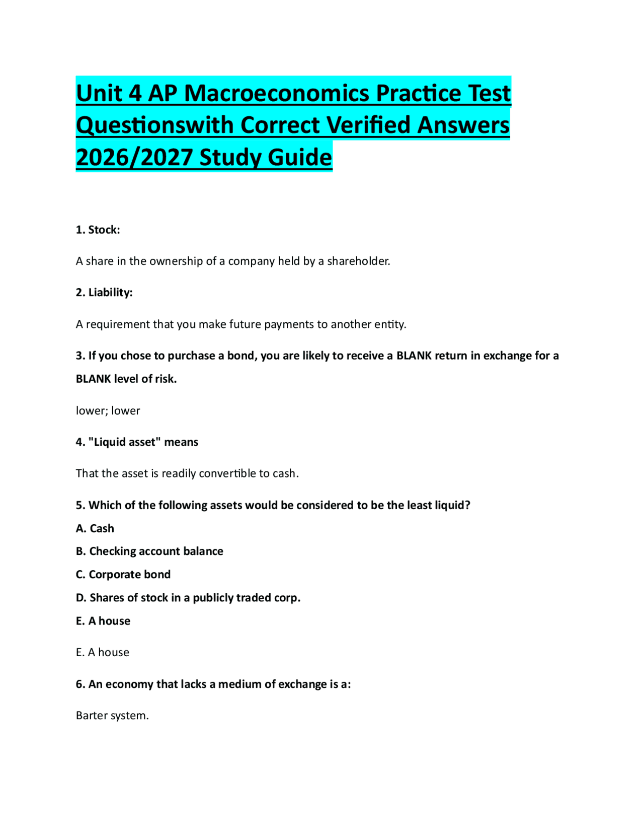 Unit 4 AP Macroeconomics Practice Test Questionswith Correct Verified ...