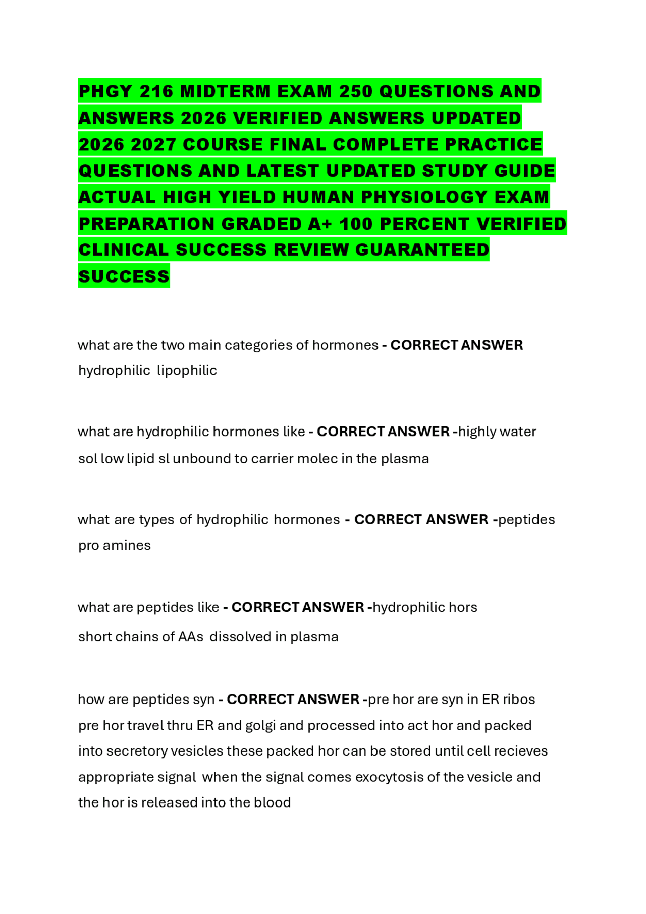 PHGY 216 MIDTERM EXAM 250 QUESTIONS AND ANSWERS 2026 VERIFIED ANSWERS ...