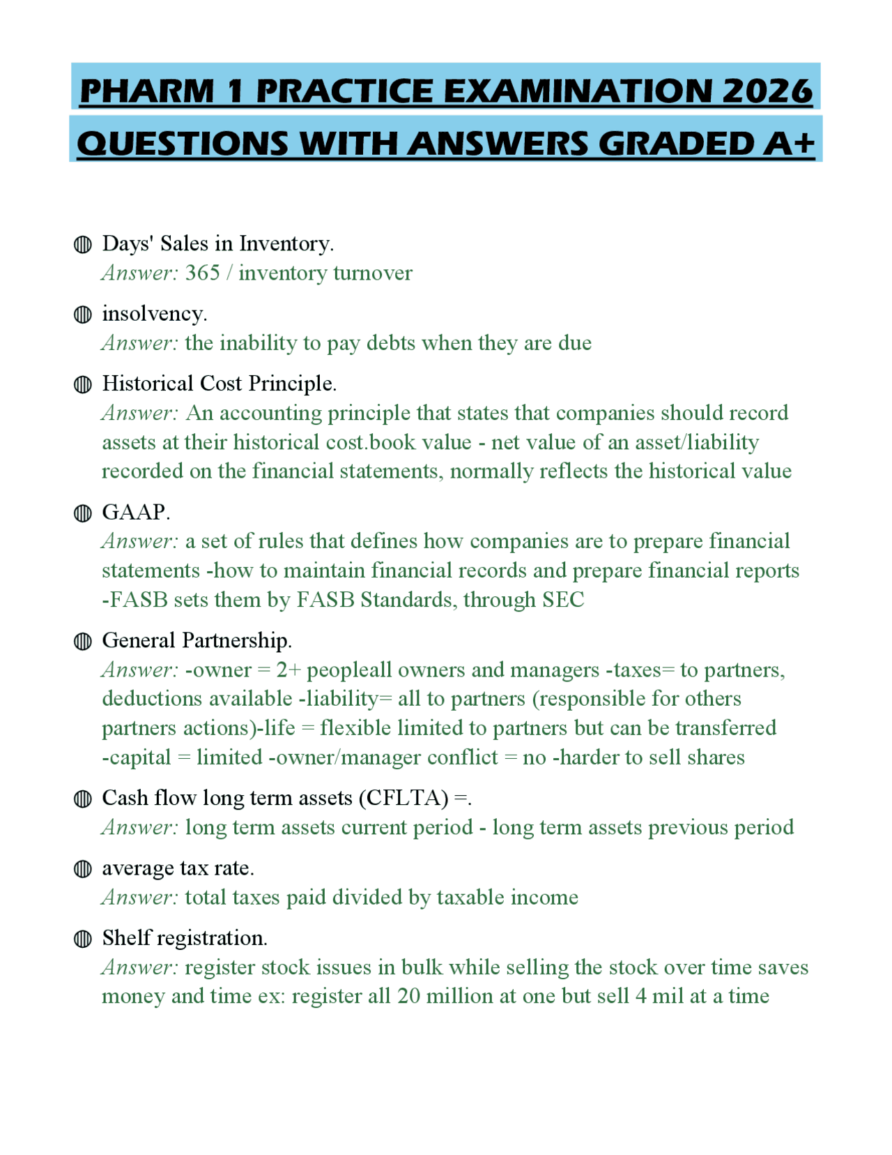 PHARM 1 PRACTICE EXAMINATION 2026 QUESTIONS WITH ANSWERS GRADED A+ ...