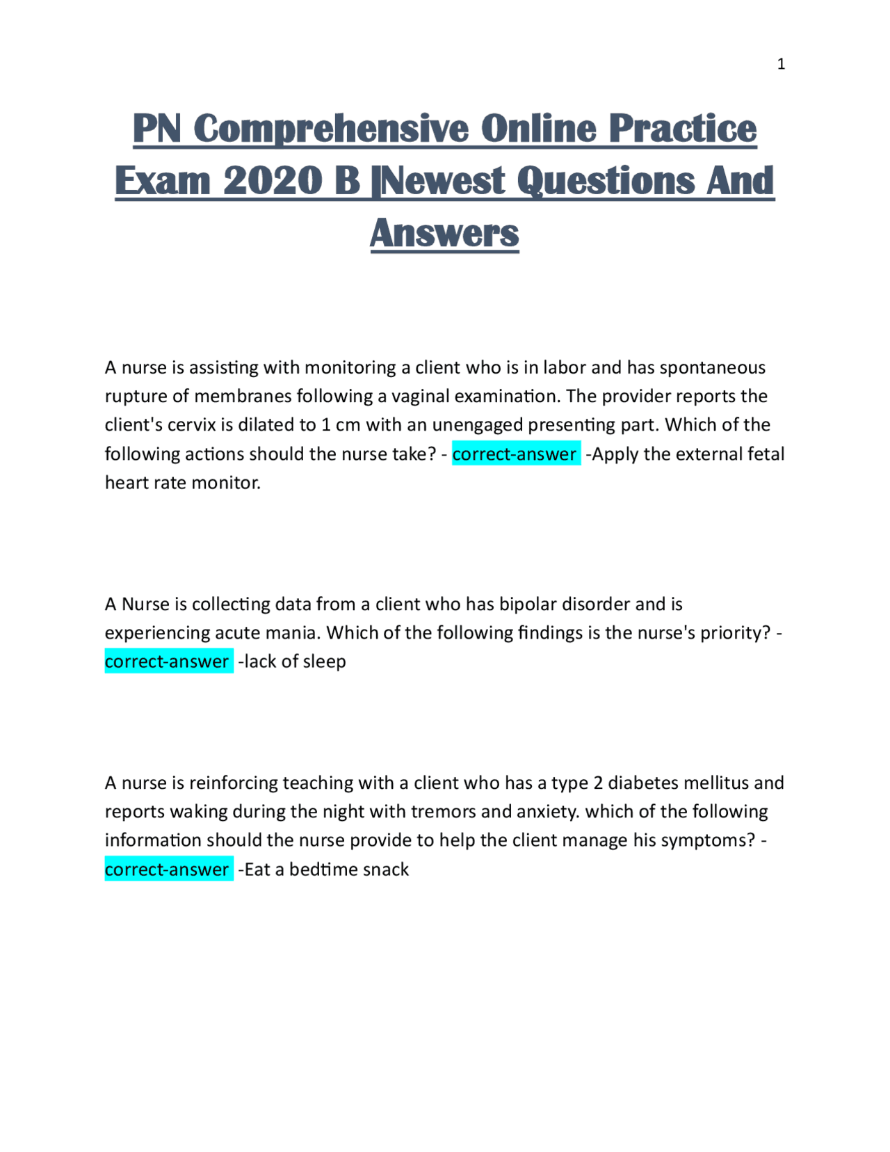 PN Comprehensive Online Practice Exam 2020 B |Newest Questions And ...