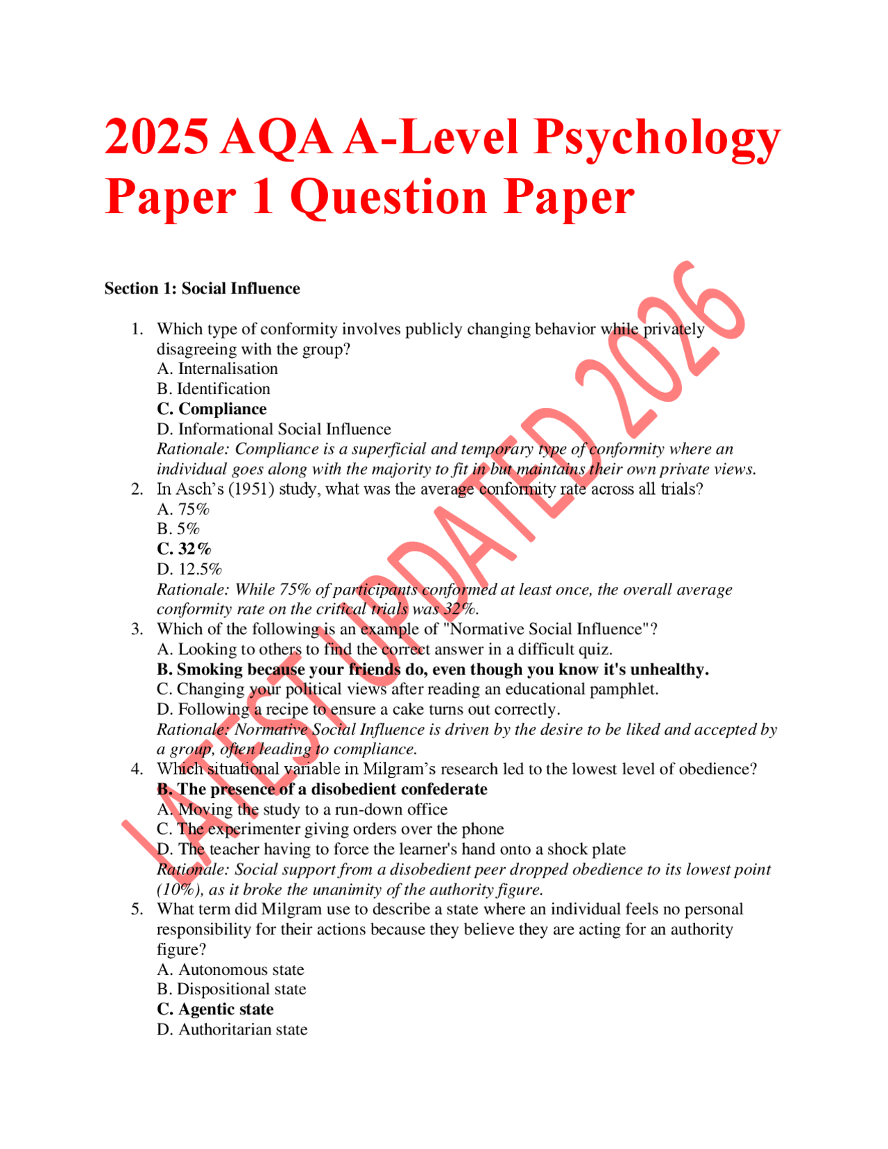 2025 AQA A-Level Psychology Paper 1 Question Paper | Exams Psychology ...