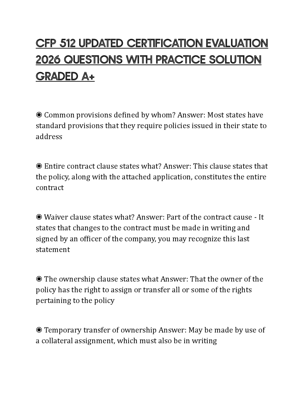 CFP 512 UPDATED CERTIFICATION EVALUATION 2026 QUESTIONS WITH PRACTICE ...