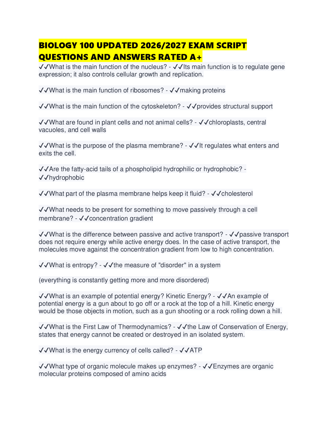 BIOLOGY 100 UPDATED 2026/2027 EXAM SCRIPT QUESTIONS AND ANSWERS RATED ...
