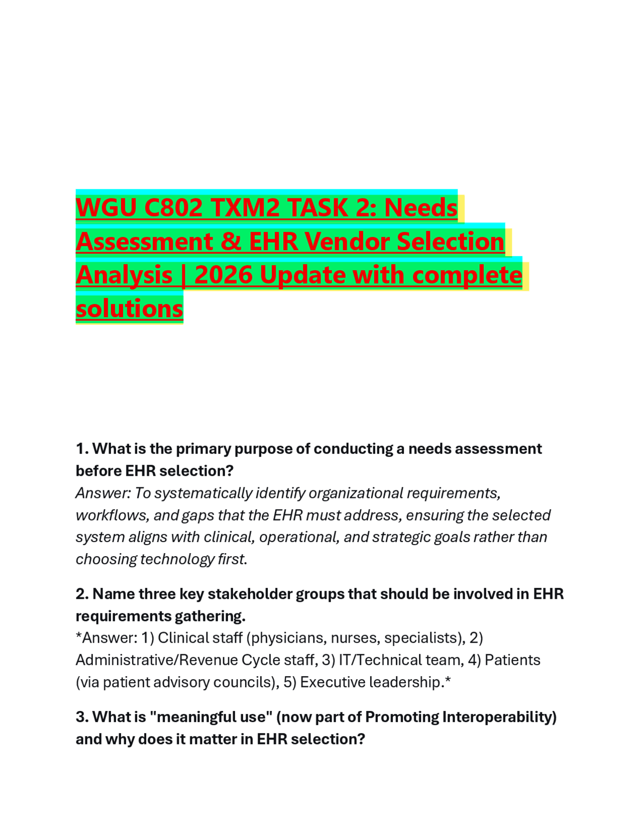 WGU C802 TXM2 TASK 2: Needs Assessment & EHR Vendor Selection Analysis ...