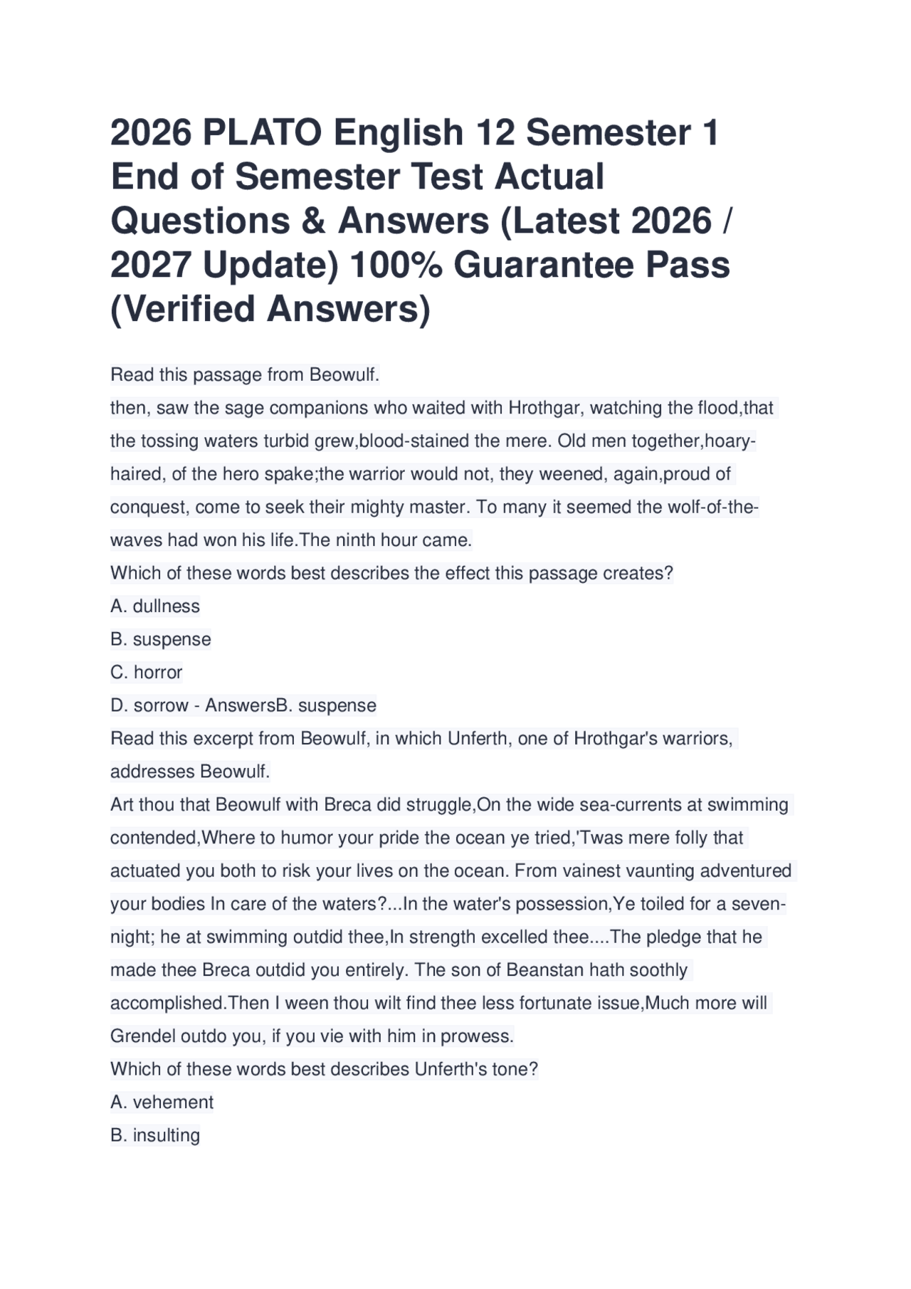 2026 PLATO English 12 Semester 1 End of Semester Test Actual Questions & Answers Latest | Exams ...