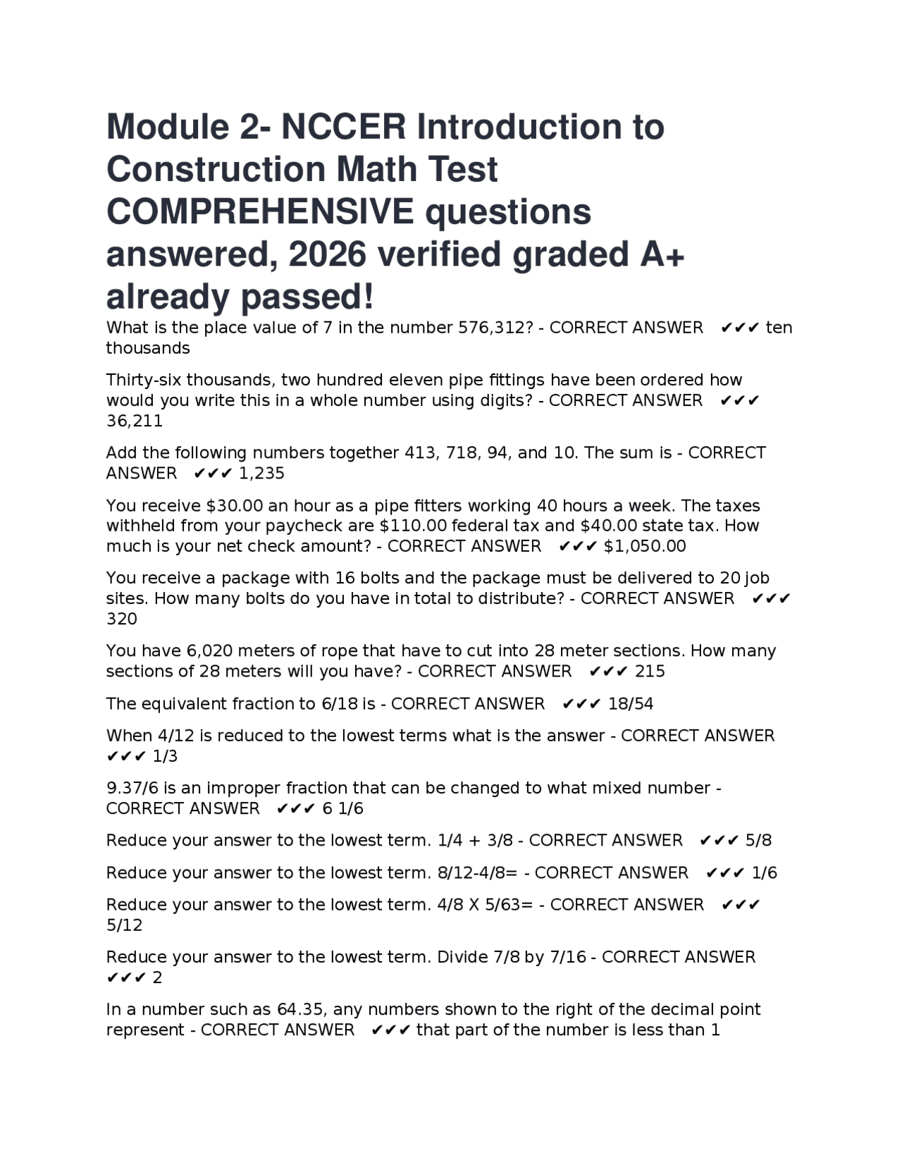 Module 2- NCCER Introduction to Construction Math Test COMPREHENSIVE ...