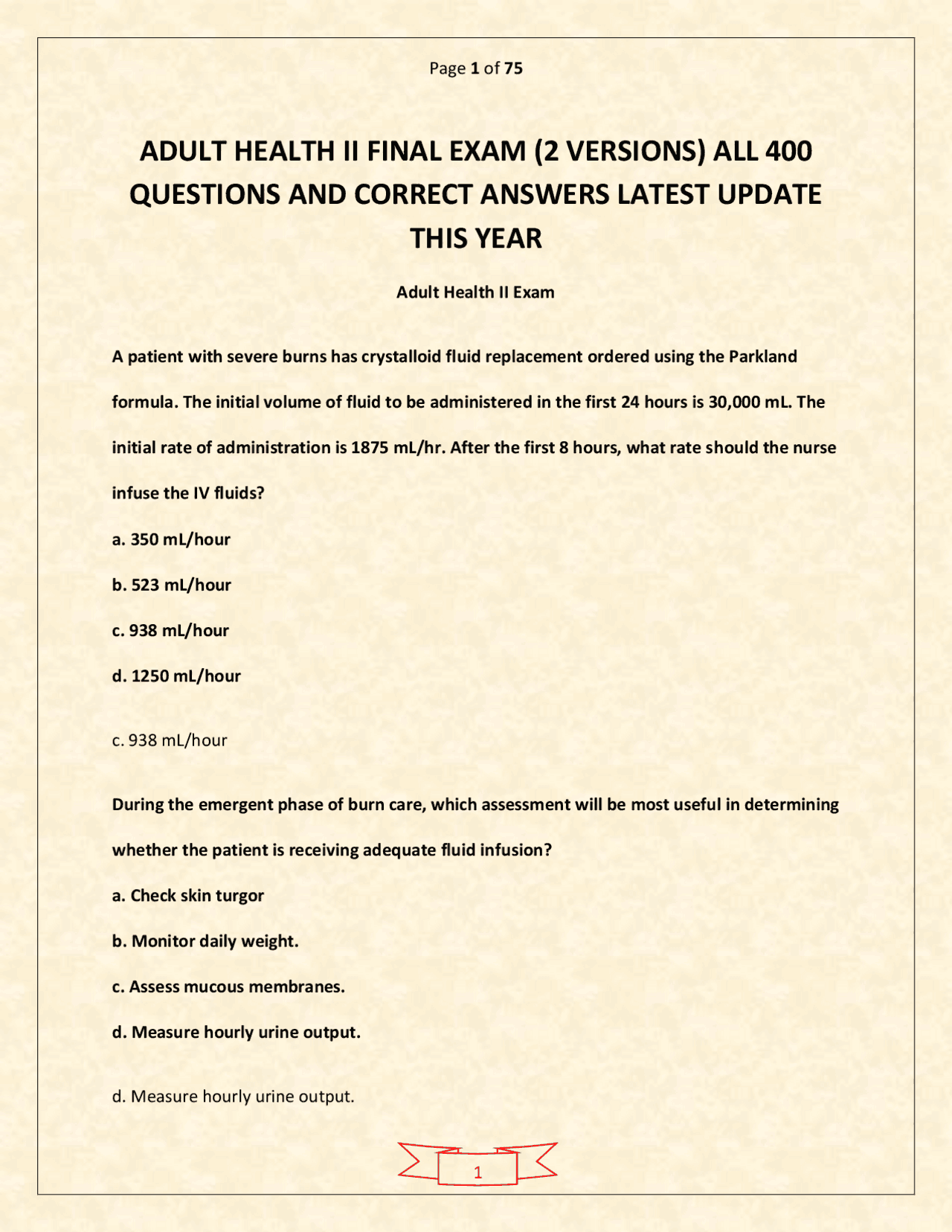 Adult Health II Final Exam (2 Versions) All 400 Questions and Correct ...
