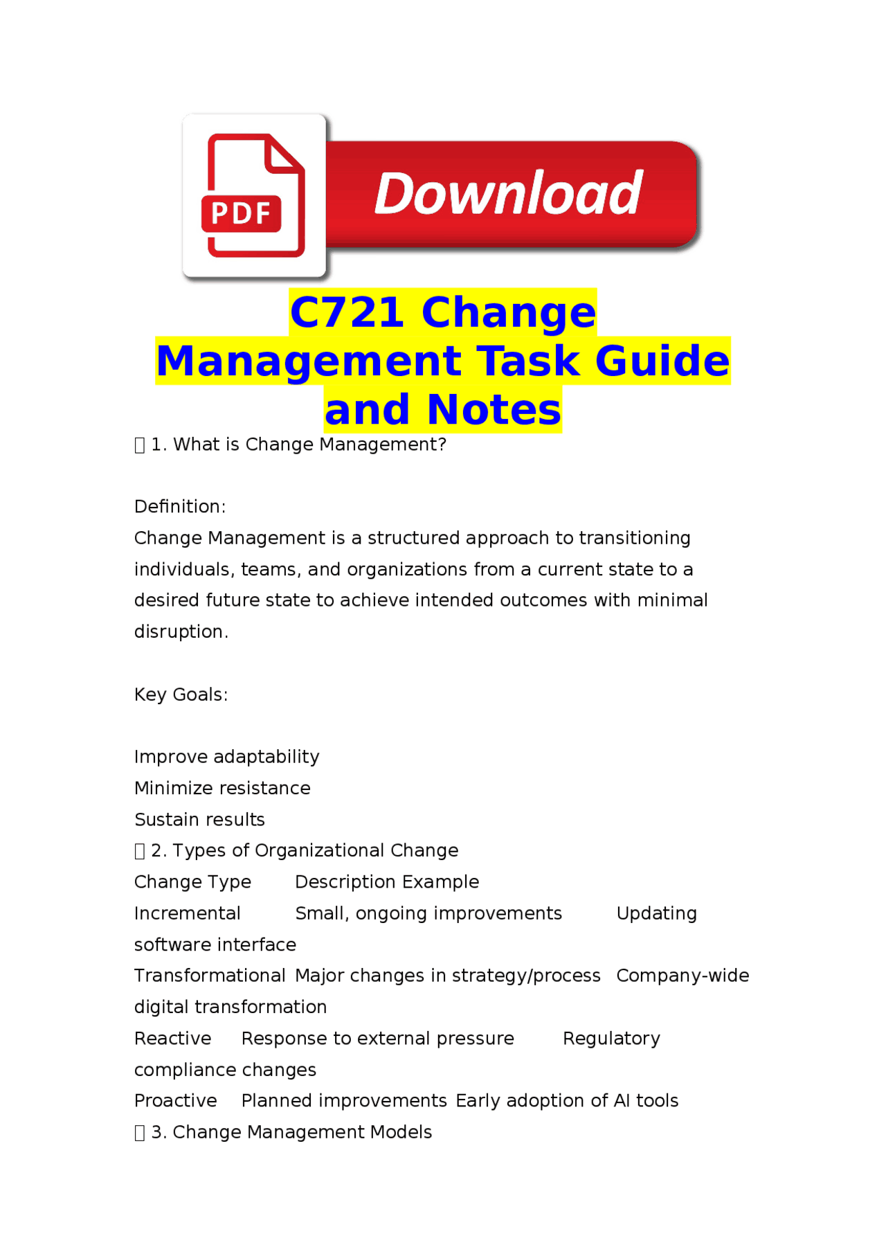 C721 Change Management Task Guide and Notes 2026 with Solution | Exams ...