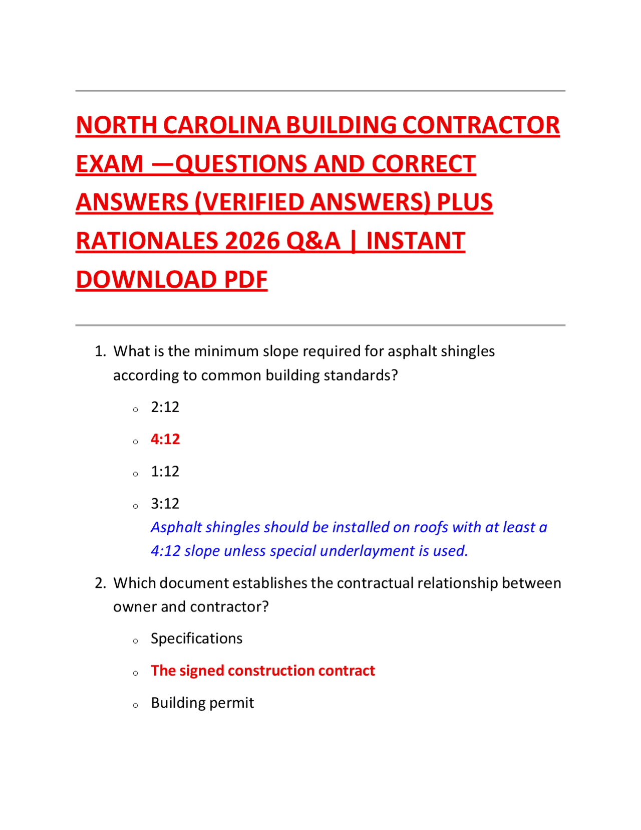 North Carolina Building Contractor Exam 2026 – Practice Questions with ...
