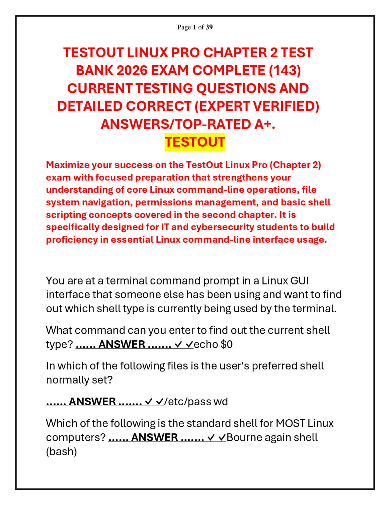TESTOUT LINUX PRO CHAPTER 2 TEST BANK 2026 EXAM QUESTION AND ANSWER ...