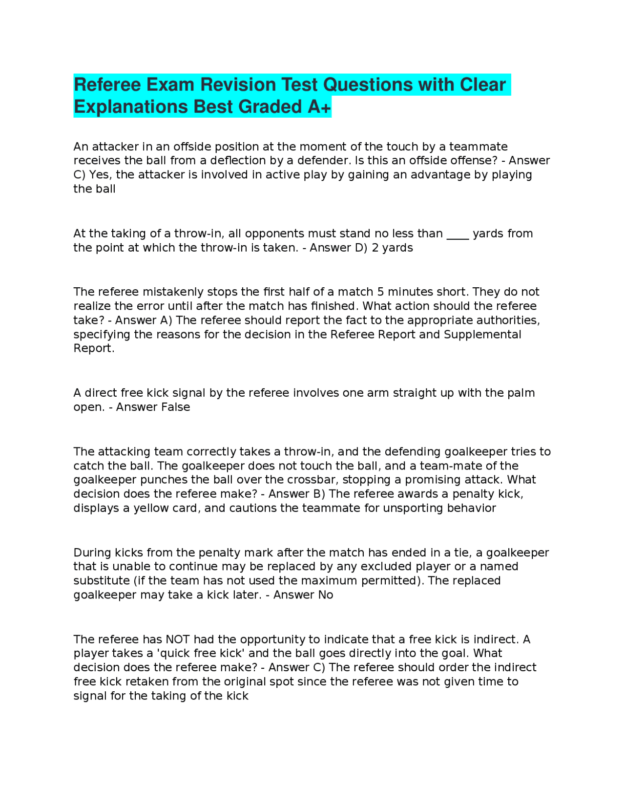 Referee Exam Revision Test Questions with Clear Explanations Best ...