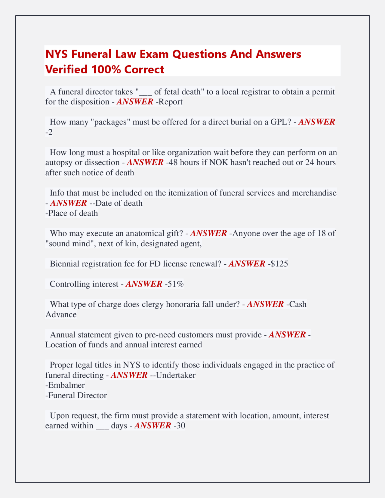 NYS Funeral Law Exam Questions And Answers Verified 100% Correct ...