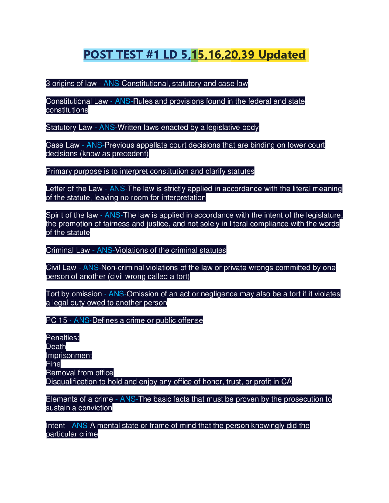 POST TEST #1 LD 5,15,16,20,39 Updated 2025/2026 | Exams Nursing | Docsity