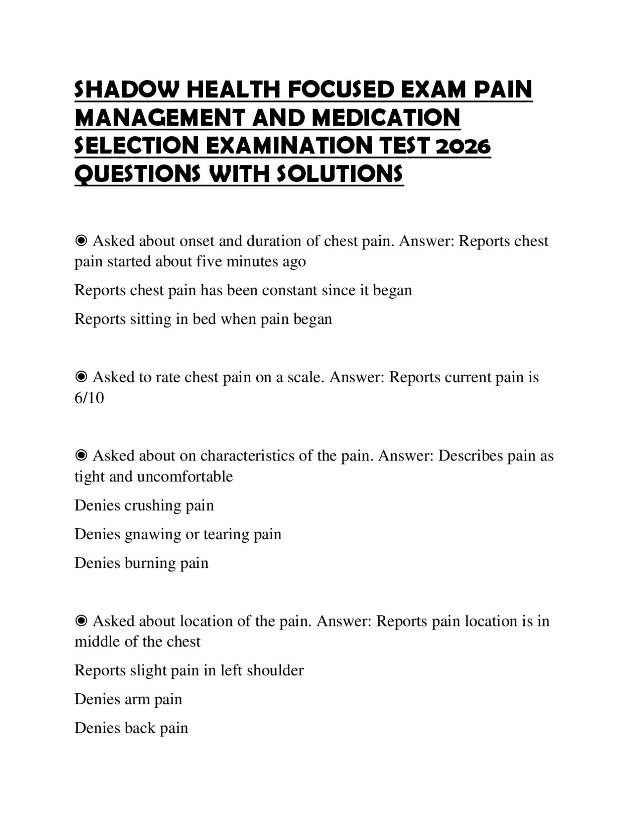 SHADOW HEALTH FOCUSED EXAM PAIN MANAGEMENT AND MEDICATION SELECTION EXAMINATION TEST 2026 ...
