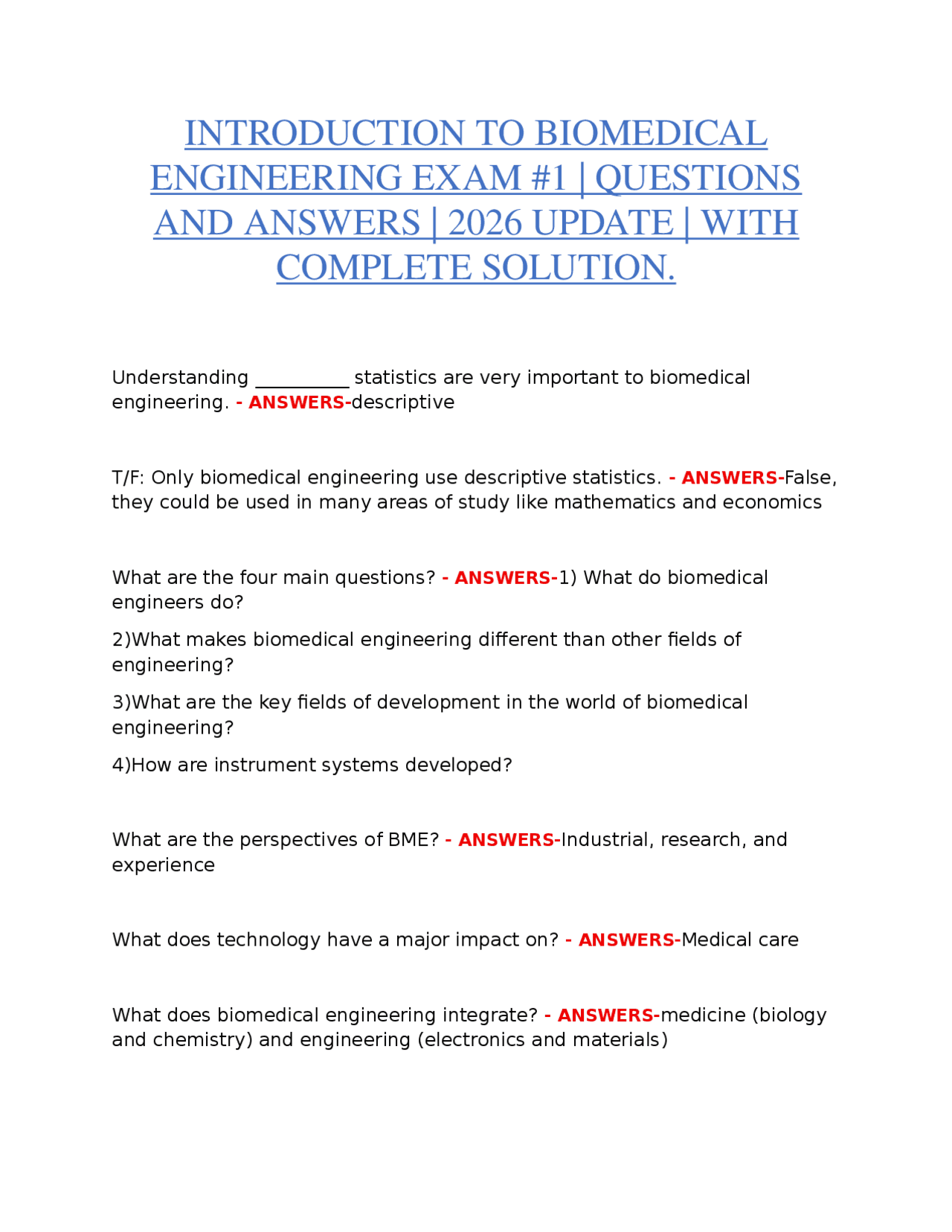 INTRODUCTION TO BIOMEDICAL ENGINEERING EXAM #1 – QUESTIONS AND ANSWERS ...