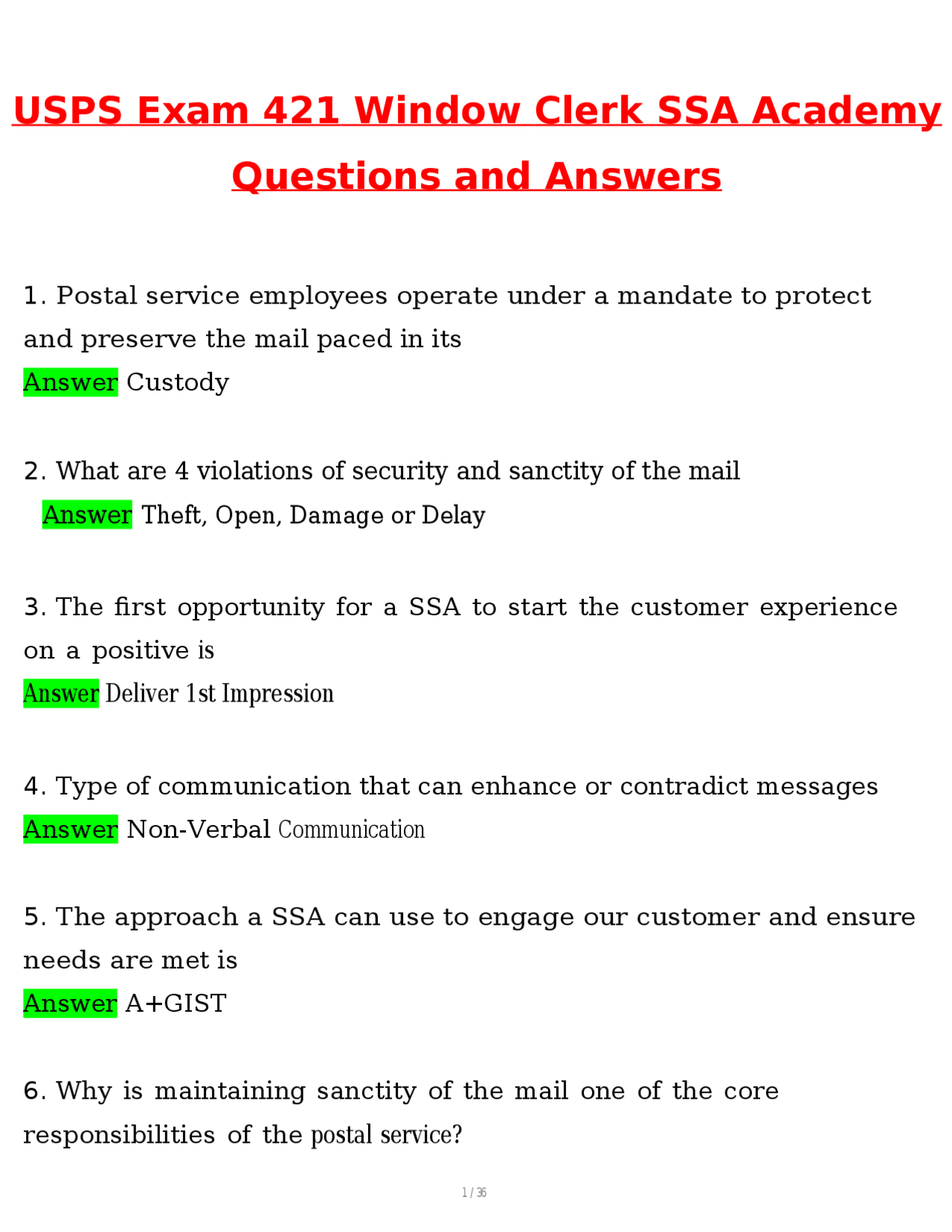 USPS Exam 421 Window Clerk SSA Academy Latest 2026 Actual Questions and ...