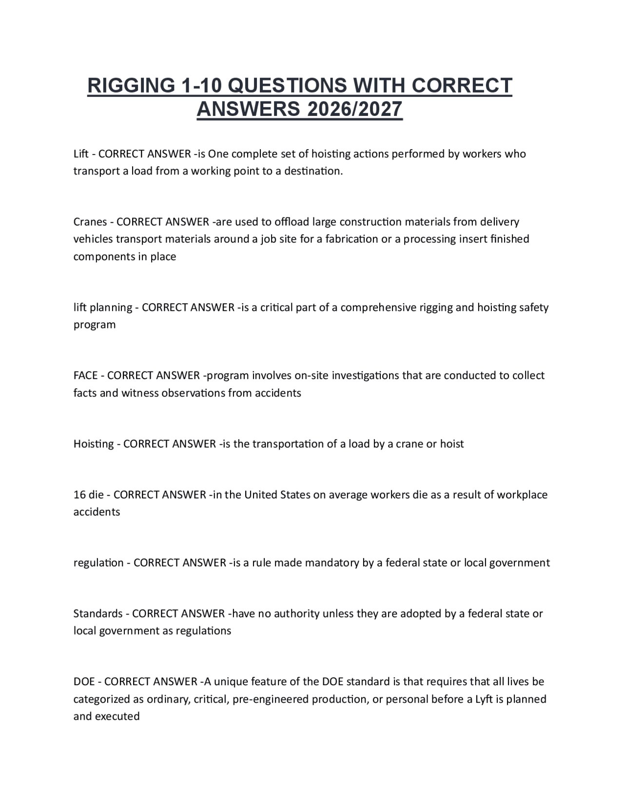 RIGGING 1-10 QUESTIONS WITH CORRECT ANSWERS 2026/2027 | Exams Workplace ...