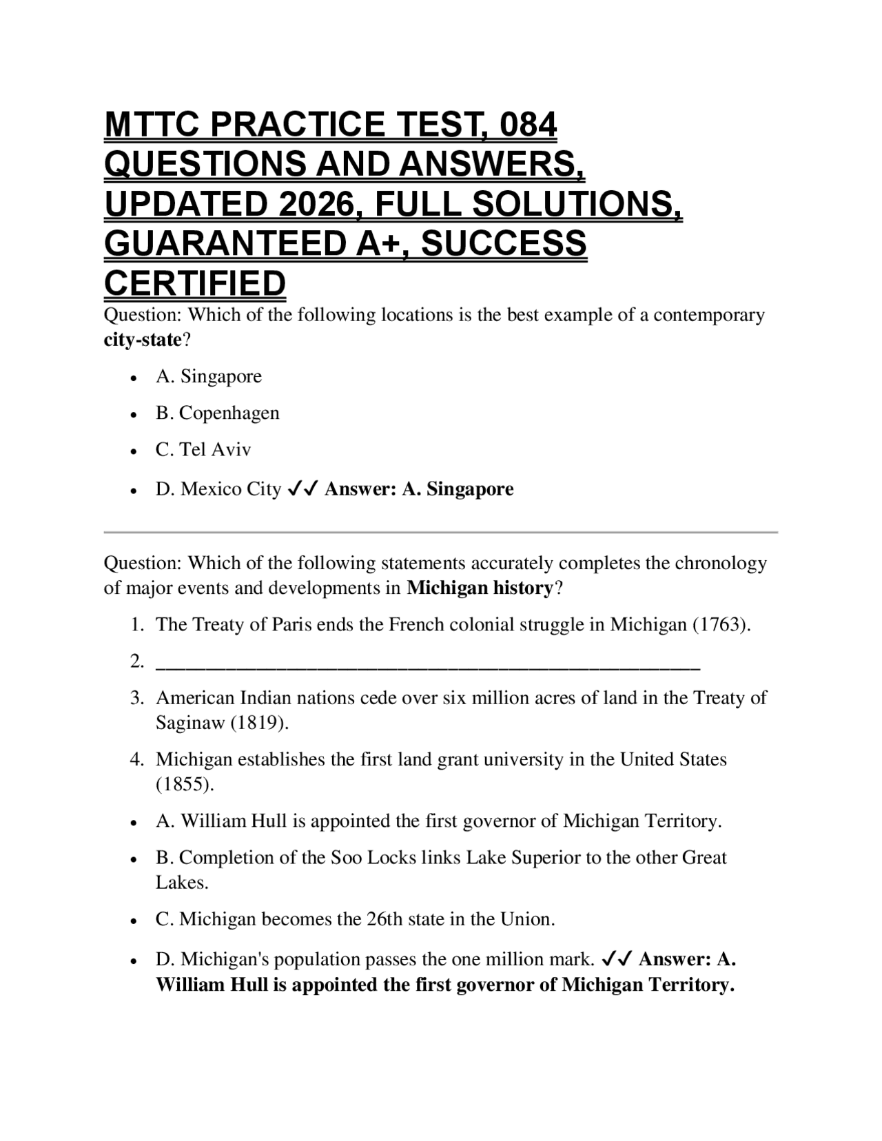 MTTC PRACTICE TEST, 084 QUESTIONS AND ANSWERS, UPDATED 2026, FULL ...