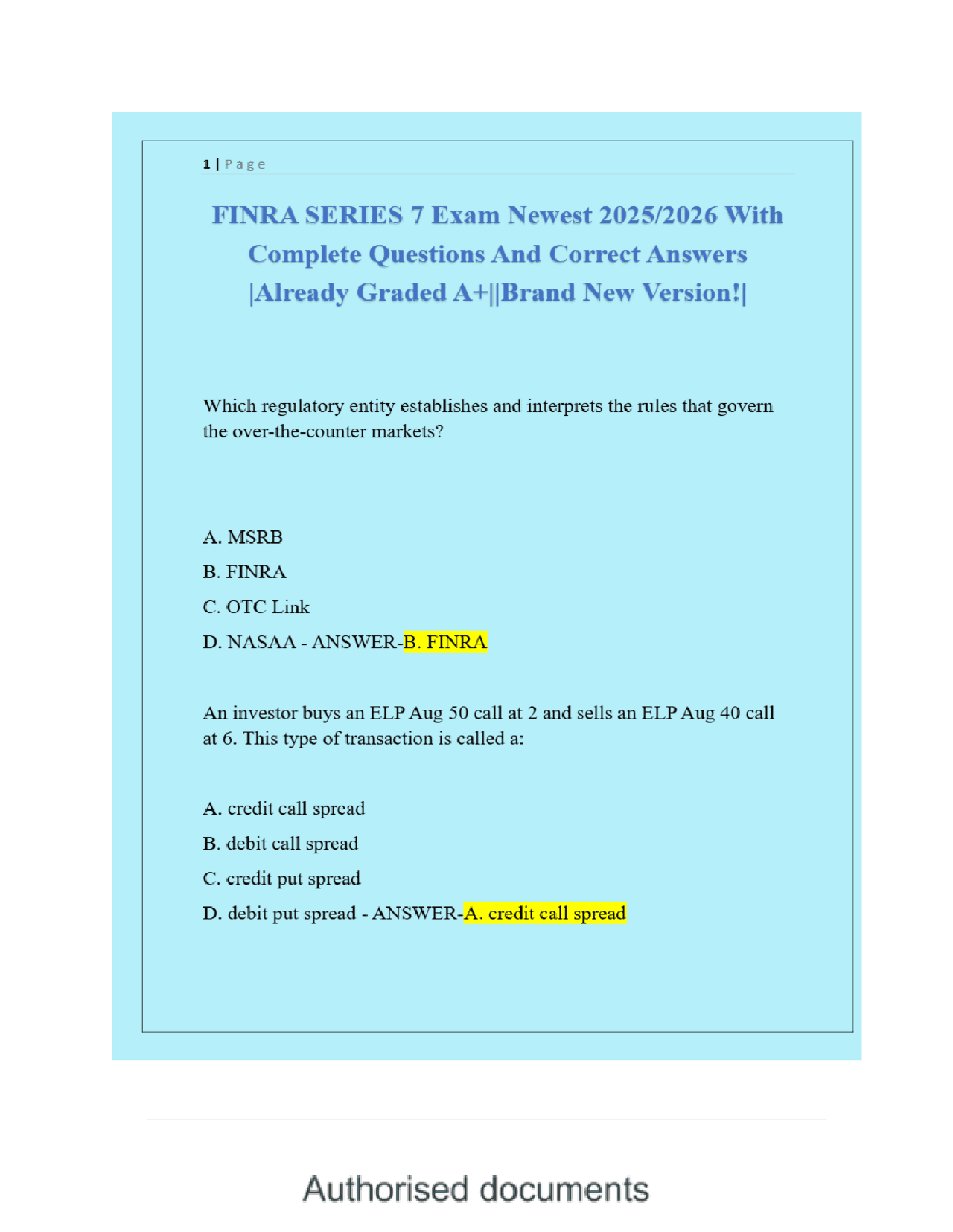 FINRA Series 7 Exam Prep 20252026 Complete Questions & Verified Answers ...