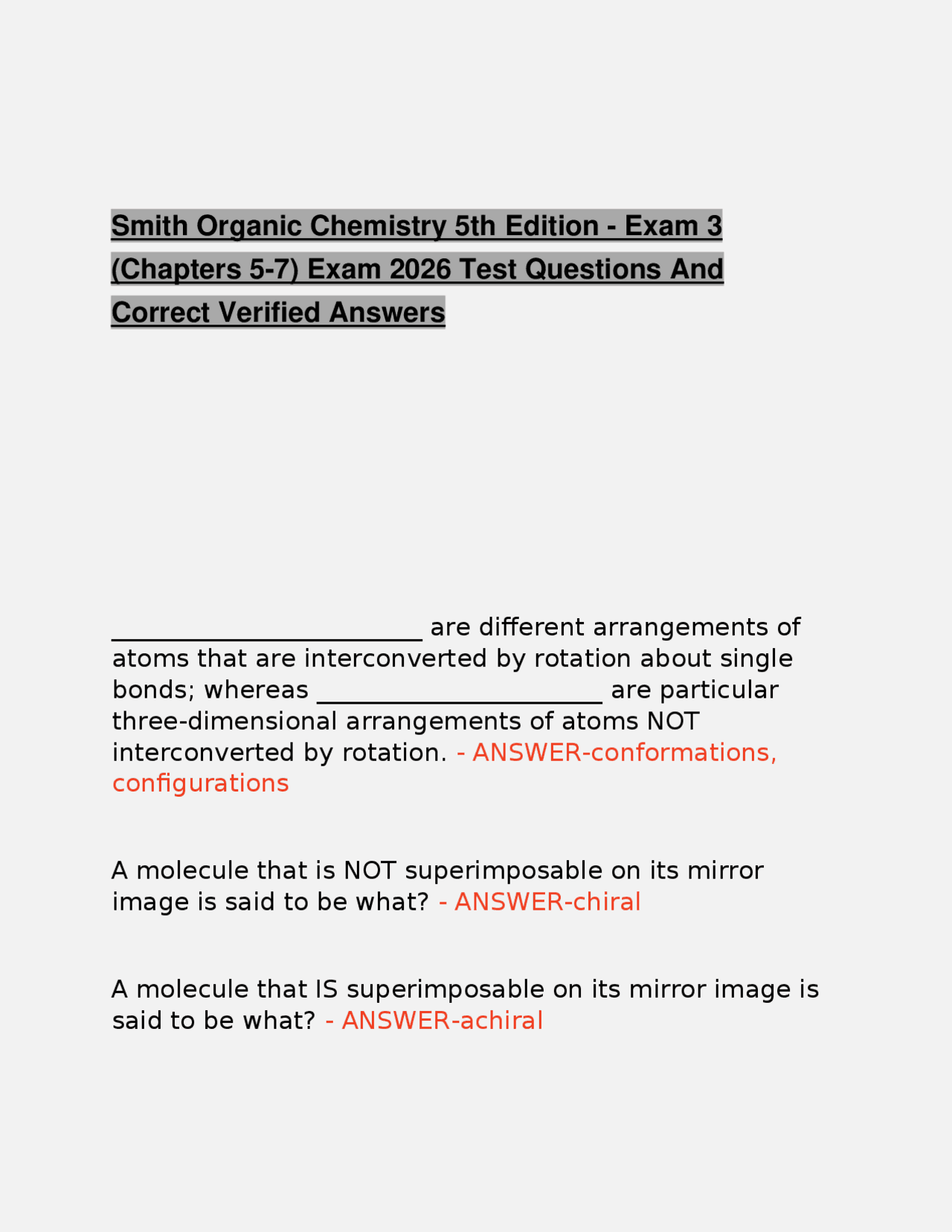 Smith Organic Chemistry 5th Edition - Exam 3 (Chapters 5-7) Exam 2026 ...