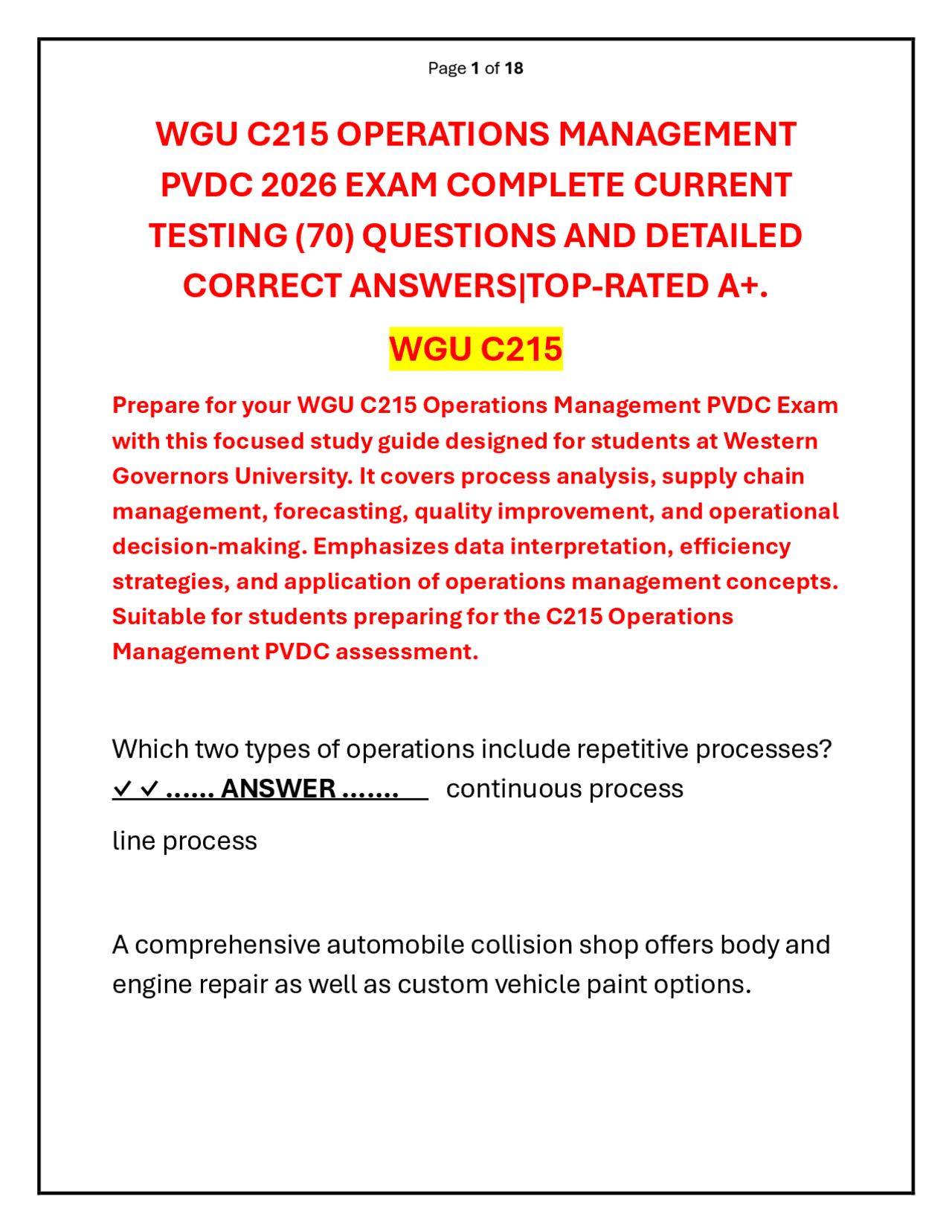 WGU C215 OPERATIONS MANAGEMENT PVDC 2026 EXAM QUESTION AND ANSWER ...