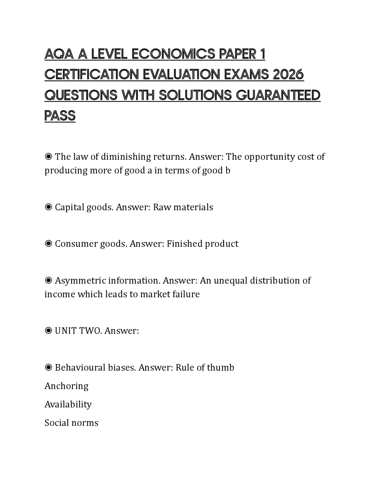 AQA A LEVEL ECONOMICS PAPER 1 CERTIFICATION EVALUATION EXAMS 2026 ...