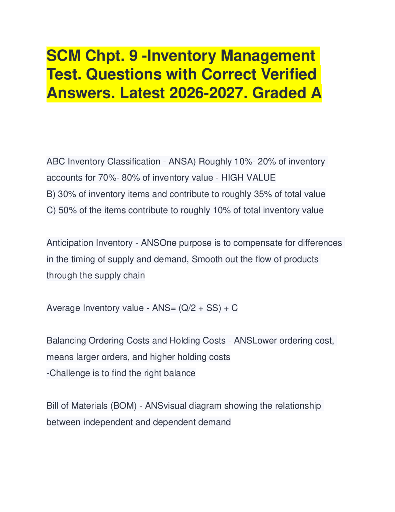 Inventory Management Interview Math Test SCM Chpt. 9 -Inventory Management Test. Questions with Correct Answers ...