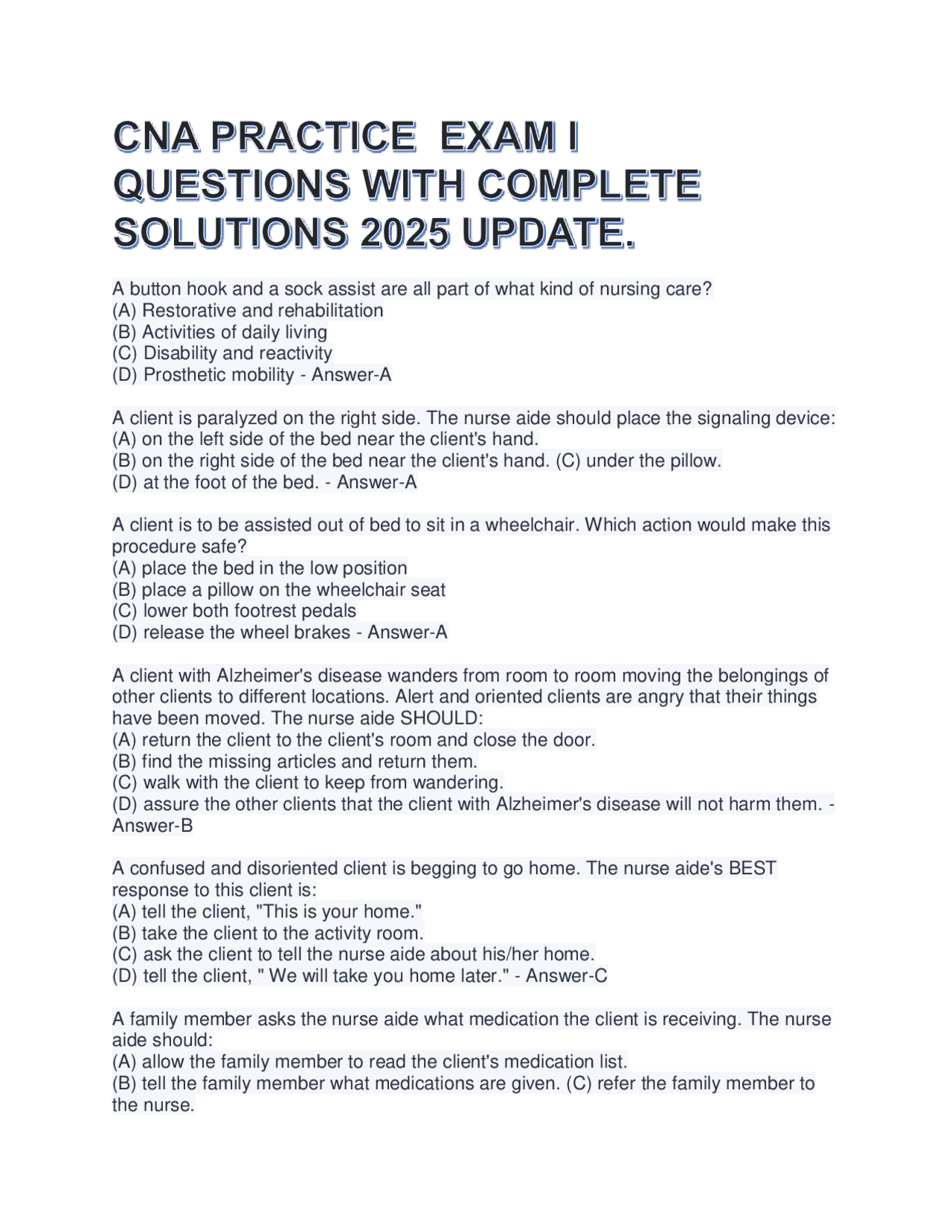 CNA PRACTICE EXAM I QUESTIONS WITH COMPLETE SOLUTIONS 2025 UPDATE ...