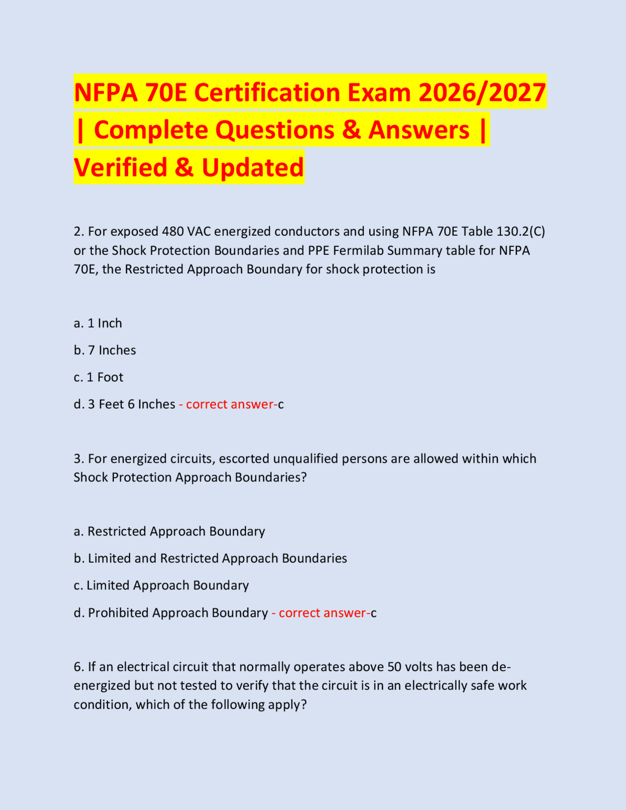 NFPA 70E Certification Exam 2026/2027 | Complete Questions & Answers ...