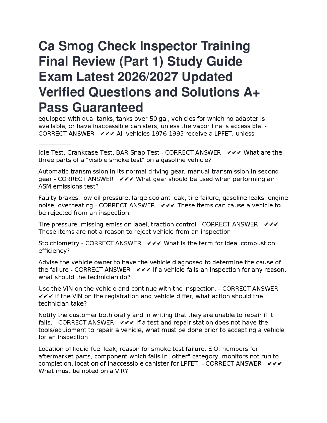 Ca Smog Check Inspector Training Final Review (Part 1) Study Guide Exam ...