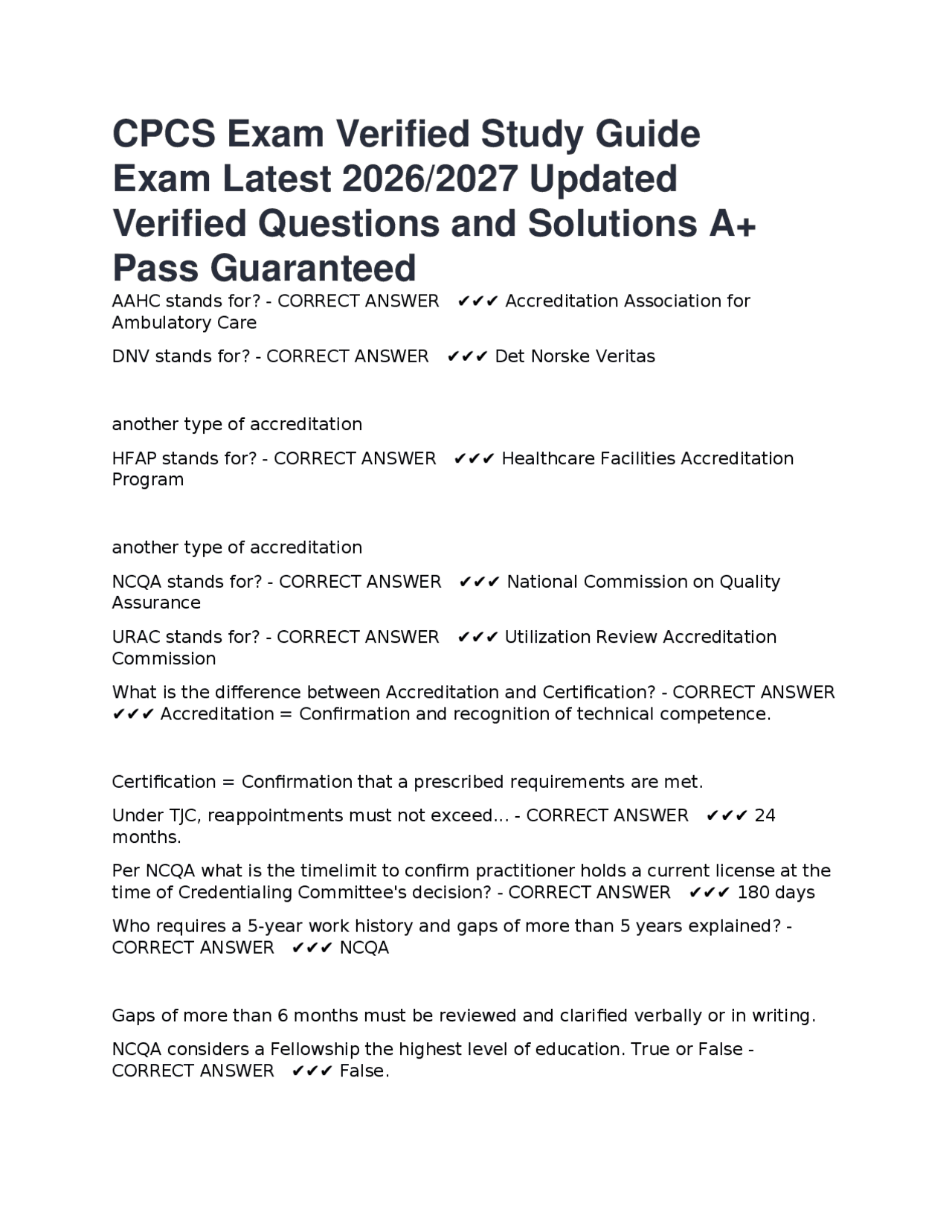CPCS Exam Verified Study Guide Exam Latest 2026/2027 Updated Verified ...