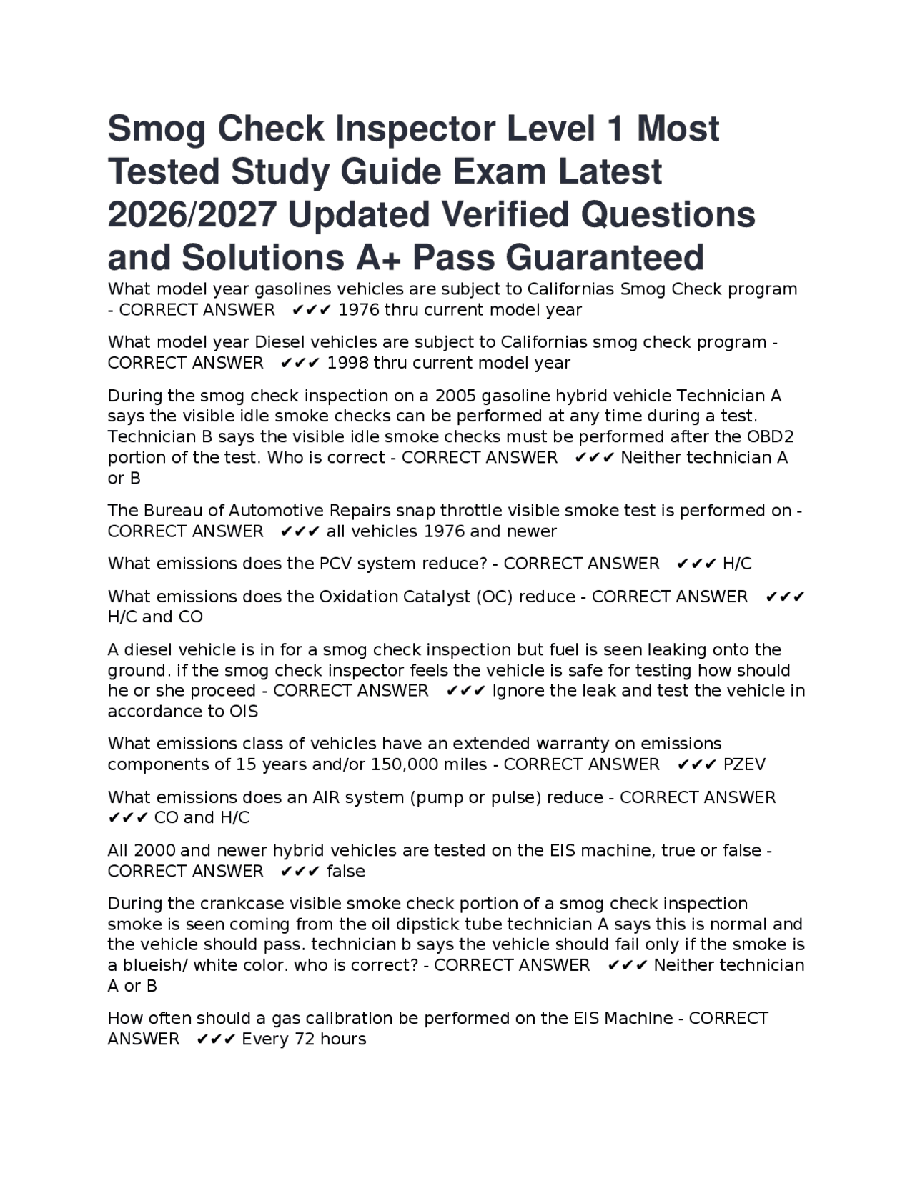 Smog Check Inspector Level 1 Most Tested Study Guide Exam Latest 2026/ ...
