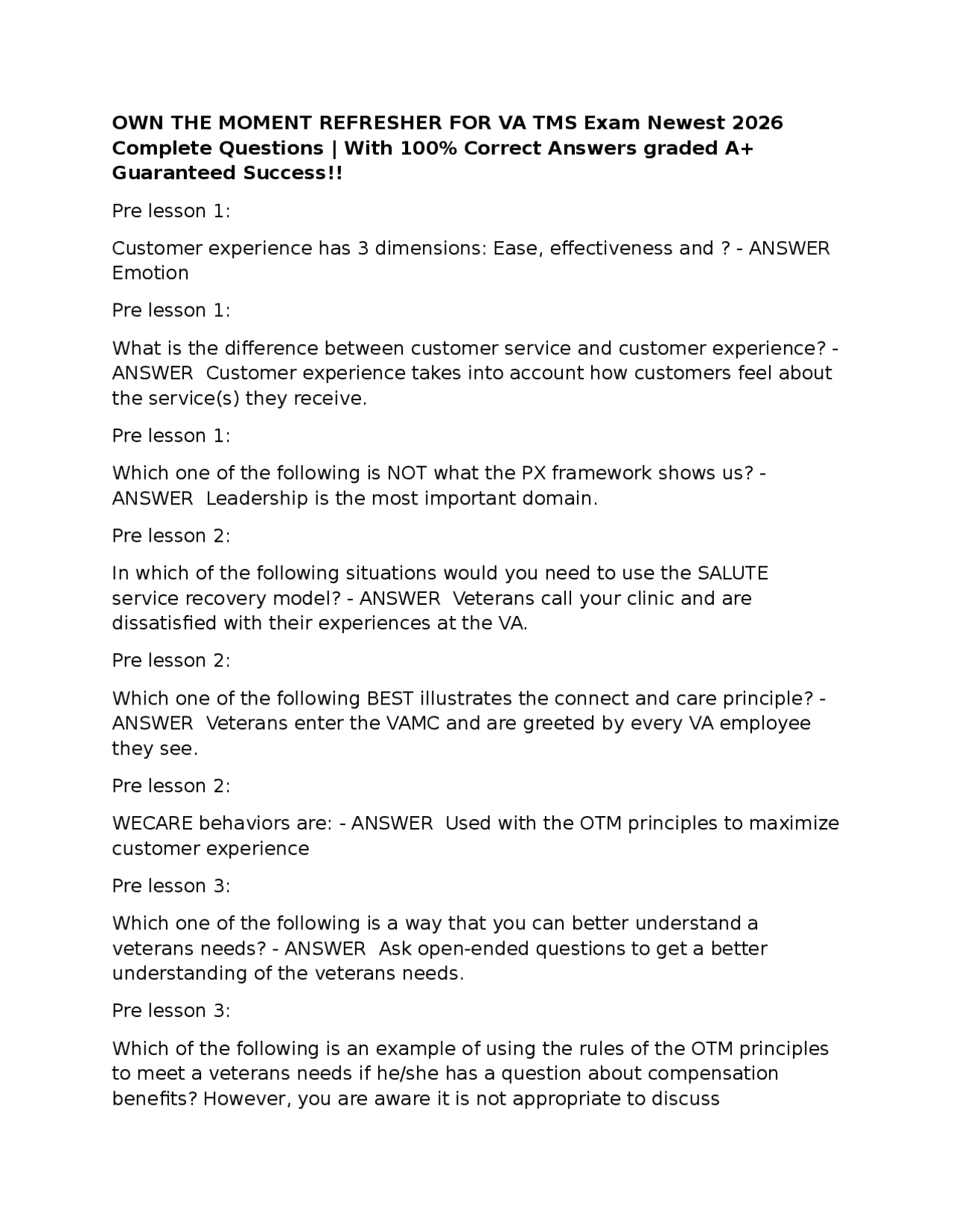 Own Questions OWN THE MOMENT REFRESHER FOR VA TMS Exam Newest 2026 Complete Questions ...