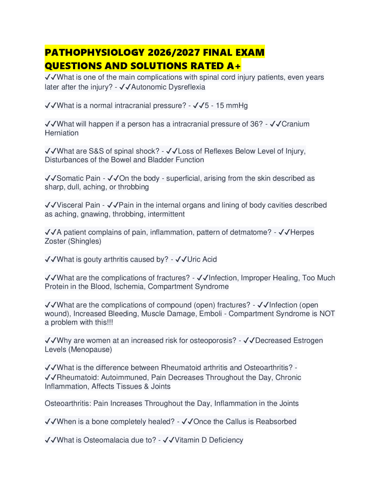 PATHOPHYSIOLOGY 2026/2027 FINAL EXAM QUESTIONS AND SOLUTIONS RATED A+ ...