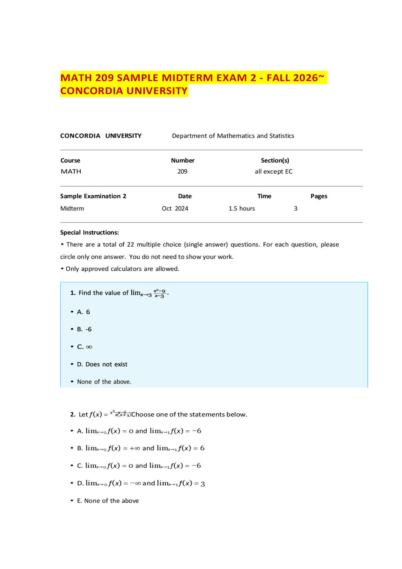 MATH 209 SAMPLE MIDTERM EXAM 2 - FALL 2026~ CONCORDIA UNIVERSITY ...