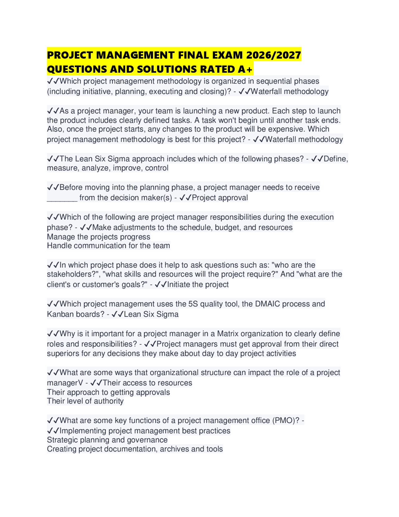 PROJECT MANAGEMENT FINAL EXAM 2026/2027 QUESTIONS AND SOLUTIONS RATED ...