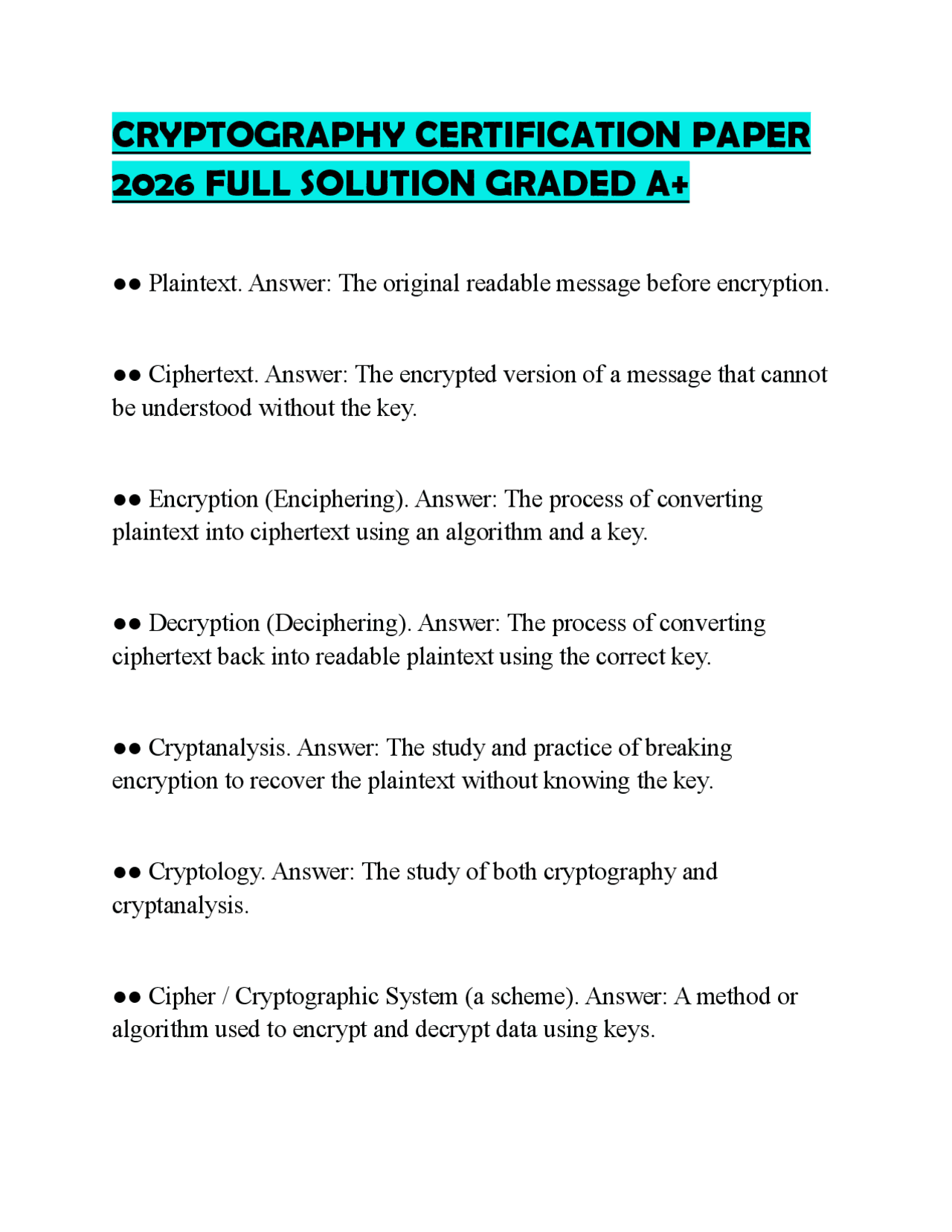 CRYPTOGRAPHY CERTIFICATION PAPER 2026 FULL SOLUTION GRADED A+ | Exams ...