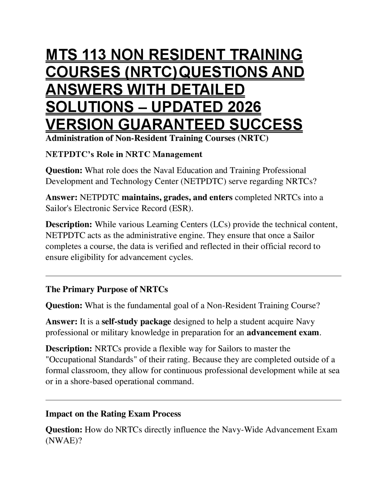 MTS 113 NON RESIDENT TRAINING COURSES (NRTC) QUESTIONS AND ANSWERS WITH ...