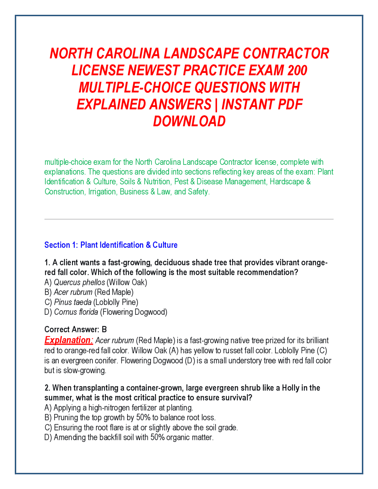 NORTH CAROLINA LANDSCAPE CONTRACTOR LICENSE NEWEST PRACTICE EXAM 200 ...