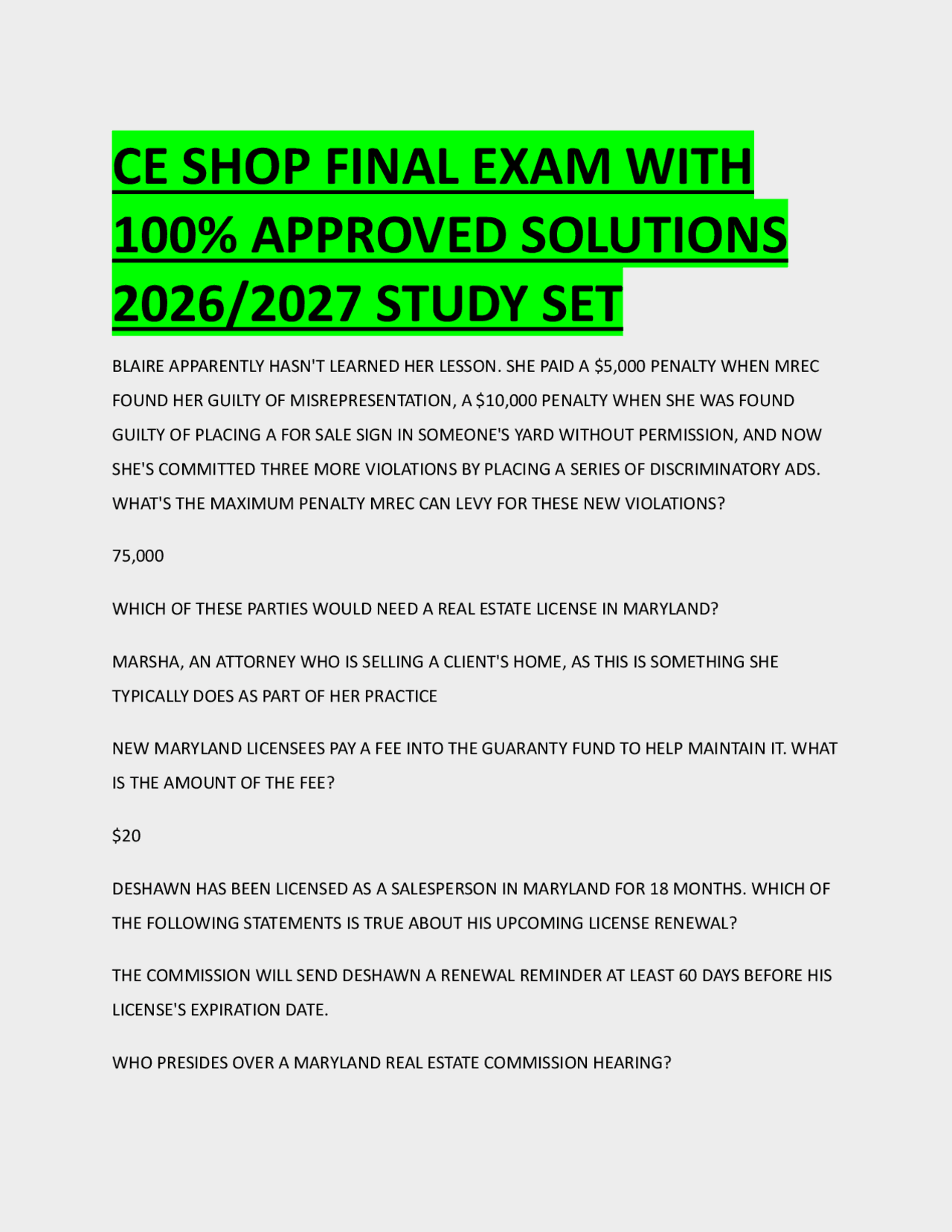 CE SHOP FINAL EXAM WITH 100% APPROVED SOLUTIONS 2026/2027 STUDY SET ...