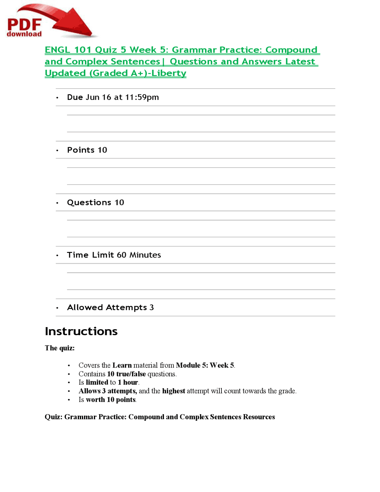ENGL 101 Quiz 5 Week 5: Grammar Practice: Compound and Complex ...
