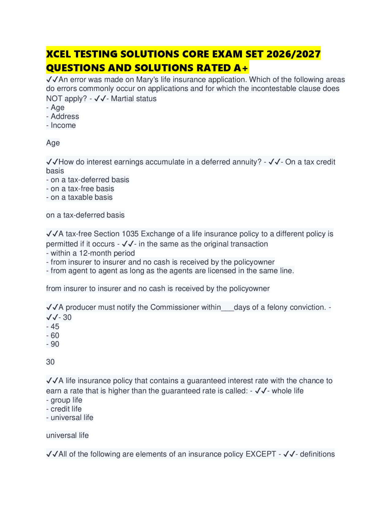 XCEL TESTING SOLUTIONS CORE EXAM SET 2026/2027 QUESTIONS AND SOLUTIONS ...