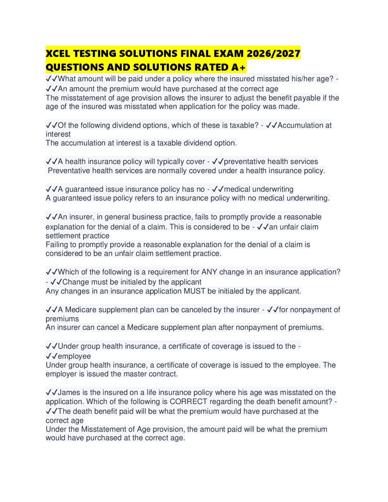 XCEL TESTING SOLUTIONS FINAL EXAM 2026/2027 QUESTIONS AND SOLUTIONS ...