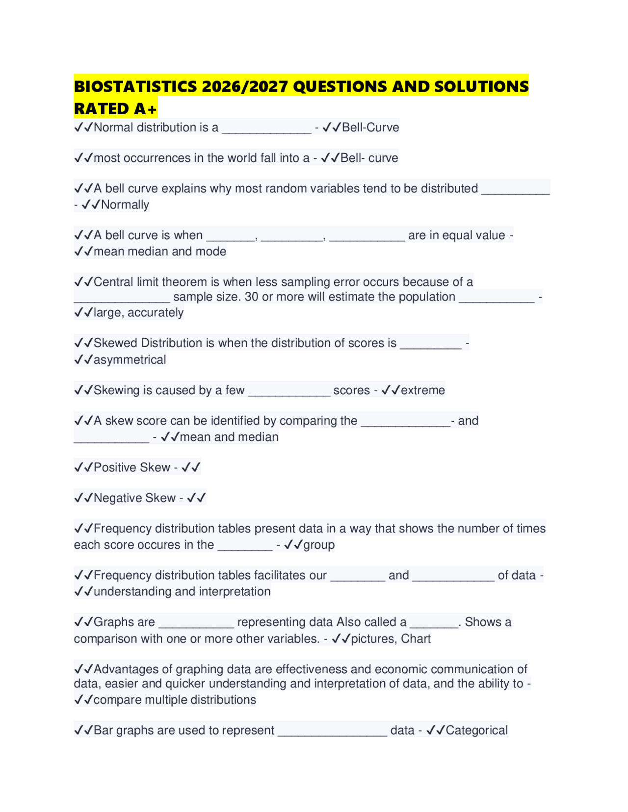 BIOSTATISTICS 2026/2027 QUESTIONS AND SOLUTIONS RATED A+ | Exams ...