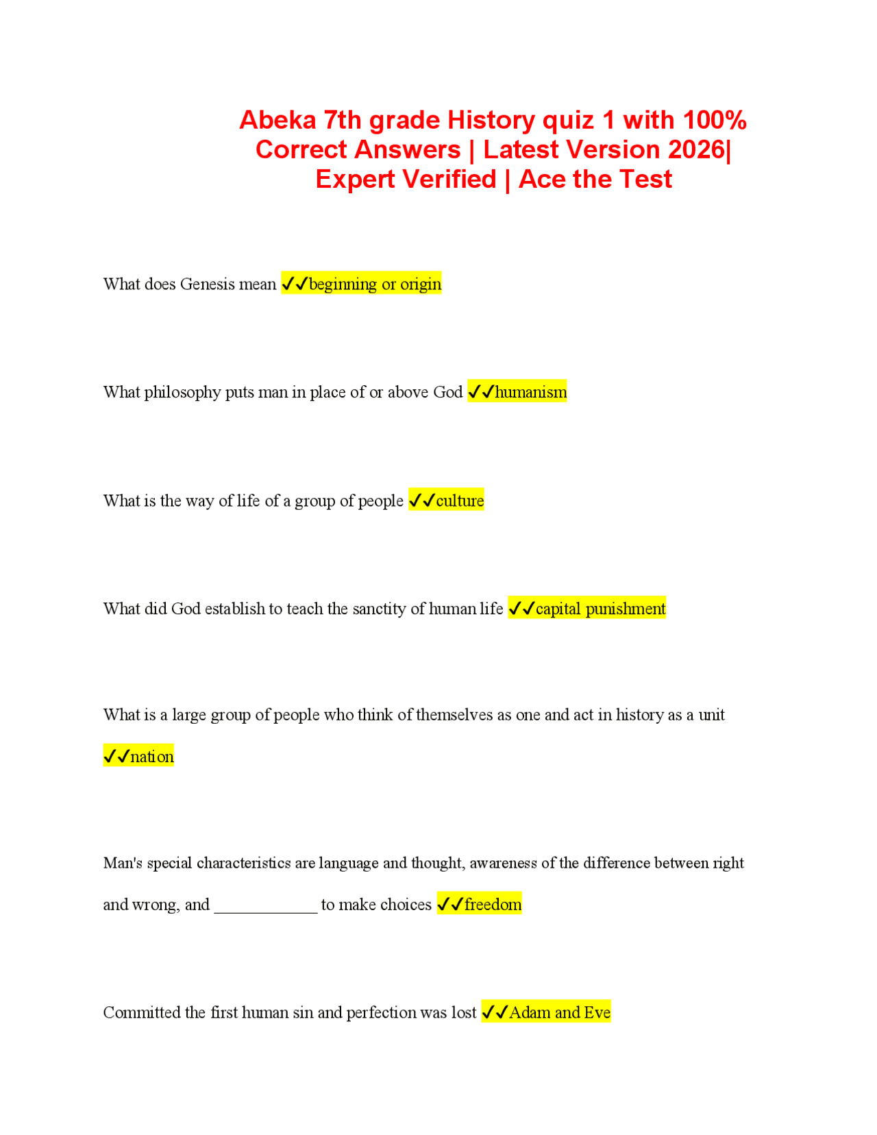Abeka 7th grade History quiz 1 with 100% Correct Answers | Latest ...